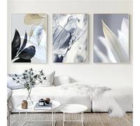 WBYZAC 3 Pièces-Peinture Abstraite Grise en Marbre Affiche Feuille Noire Impression Botanique Toile Art Mural Décoration de Salon Chambre Cuisine Bureau-40 * 60cm/(16 * 24 pouces) Sans cadre