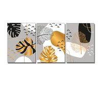 WBYZAC 3 Pièces-Peinture sur Toile Abstraite Avec Feuilles Noires et Dorées Style Nordique Décoration Murale Moderne pour Chambre à Coucher Ou Maison-40 * 60cm/(16 * 24 pouces) Sans cadre