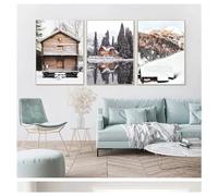 WBYZAC 3 Pièces-Peinture sur Toile D'Art Nordique Paysage D'Hiver Enneigé Affiche Lac Maison Pin Image Salon Chambre Cuisine Décoration de la Maison-40 * 60cm/(16 * 24 pouces) Sans cadre