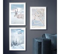 WBYZAC 3 Pièces-Peinture sur Toile Représentant Des Pins et Des Cerfs en Hiver Affiches et Imprimés Nordiques Décoration Murale pour Salon Chambre Cuisine Bureau-50 * 70cm/(20 * 27 pouces) Sans cadre