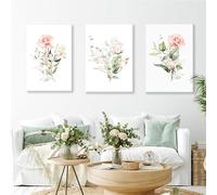 WBYZAC 3 Pièces-Peinture sur Toile Style Bohème Aquarelle Fleurs et Feuilles Vertes Affiches et Impressions Murales pour Salon Chambre Cuisine Décoration-40 * 60cm/(16 * 24 pouces) Sans cadre