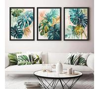 WBYZAC Aquarelle de Feuilles de Monstera Tropicales sur Toile Tableau Rose or et Vert Affiche Botanique pour la Décoration du Salon Ou du Bureau-(50 * 70cm/20 * 27pouce)*3PCS-Non encadré