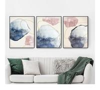 WBYZAC Images Murales,3 Pièces-Images sur Toile Aquarelle Bleue Abstraite Peintures Lignes Dorées Art Mural Nordique Décoration de Salon de Bureau Ou de Maison-60 * 70cm/24 * 27 pouce(sans cadre)