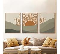 WBYZAC Lot de 3 Impressions D'Art,Boho Sun Print Green Canvas Painting Orange Sun Green Mountain Landscape Nursery Art Poster Living Room Gallery Decoration Poster-30 * 40cm(12 * 16pouces) sans cadre