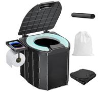 WC de camping avec porte-rouleau et support pour téléphone, siège souple avec urine Splash Guard, max 200 kg, pliable pour la randonnée (Noir)