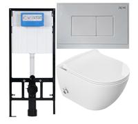 WC mural sans bord avec fonction bidet et robinet d'eau chaude/froide + siège à fermeture douce en Duroplast + cadre fin dissimulé, système d'installation 3 en 1 pour WC Blanc