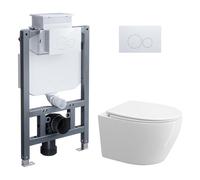 WC mural sans bord et élément de paroi avant, WC suspendu complet avec réservoir de chasse encastré, plaque de déclenchement, WC avec couvercle WC avec abaissement automatique, WC blanc avec
