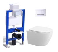 WC suspendu et élément mural complet - WC avec réservoir de chasse encastré, plaque de déclenchement WC, WC mural avec couvercle à fermeture automatique Soft-Close en polypropylène, WC blanc avec