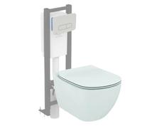 WC suspendu IDEAL STANDARD Tesi Aquablade + abattant et plaque de commande Oleas double blanche + Bâti autoportant Porcher éco