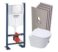 WC Suspendu Pack Complet Accessoires - Grohe Bâti-support autoportant, WC suspendu sans bride SAT, Abattant frein de chute, Plaque Blanc, Set d'habillage, Abattant WC Cuvette Toilette, Chasse d'eau Wc