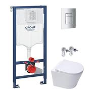 WC Suspendu Pack Complet Accessoires - Pack Grohe Bâti-support Grohe Rapid SL, WC sans bride SAT, Abattant softclose, Plaque Chrome, Brosse de toilette OFFERTE, Abattant WC,Cuvette Toilette