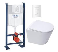 WC Suspendu Pack Complet Accessoires - Pack WC Grohe Bâti autoportant, WC sans bride SAT, Abattant frein de chute, Plaque Blanc Alpin, Abattant WC,Cuvette Toilette, Chasse d'eau Wc, Mécanisme