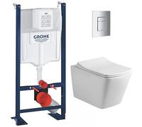 WC Suspendu Pack Complet Accessoires - Pack WC Grohe Bâti autoportant, WC sans bride SAT Infinitio Design, Abattant softclose, Plaque chrome mat, Abattant WC,Cuvette Toilette, Chasse d'eau, Mécanisme