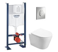 WC Suspendu Pack Complet Accessoires - Pack WC Grohe Bâti autoportant, WC SAT Infinitio sans bride, Plaque chrome, Abattant WC,Cuvette Toilette, Chasse d'eau Wc, Mécanisme
