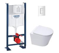 WC Suspendu Pack Complet Accessoires - Pack WC Grohe Bâti autoportant, WC suspendu sans bride Infinitio, Abattant softclose, Plaque Blanche, Set d'isolation phonique, Abattant WC, Chasse d'eau Wc