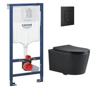 WC Suspendu Pack Complet Accessoires - Pack WC Grohe Bâti-support Grohe Rapid SL, WC SAT sans bride noir mat, Abattant softclose, Plaque noire mat, Abattant WC,Cuvette Toilette, Chasse d'eau Wc