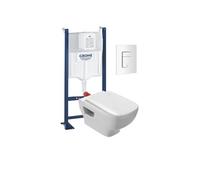 WC suspendu sans bride Struktura + abattant + Bâti support + Even Plaque de commande WC carré blanc