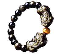 WCOCOW Bracelet Feng Shui en obsidienne dorée naturelle double Pixiu Pi Yao - Talisman en œil de tigre jaune - Bracelet extensible à perles pour la prospérité et l'argent - Unisexe - 10 mm