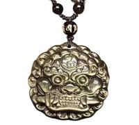 WCOCOW Collier amulette Feng Shui en obsidienne dorée naturelle avec pendentif animal de bon augure - Collier porte-bonheur - Chaîne de perles de cristal - Pour protéger les mauvais esprits - Collier