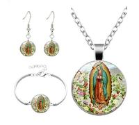 WCRAZYE Ensemble de boucles d'oreilles et bracelet Vierge Marie pour homme et femme Médaille religieuse chrétienne unique Médaillon Notre Dame de Guadalupe Vierge Marie Collier Cadeau de Noël, Large