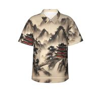 WCXTHGFA Chemise hawaïenne élégante pour homme avec imprimé de peinture de paysage, chemises à manches boutonnées pour l'été, les vacances à la plage, Noir , XL