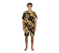 WCXTHGFA Ensemble de pyjama élégant pour homme avec imprimé fleurs noires et dorées, vêtements de nuit confortables pour hommes, parfait pour les nuits d'été, Noir , S