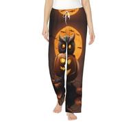 WCXTHGFA Pantalon de pyjama en flanelle pour femme Motif chouette citrouille Happy Halloween 1 imprimé, pyjama doux et chaud, parfait pour les week-ends paresseux à la maison, Noir , XL