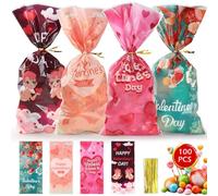 WD&CD 100Pcs Sachet Bonbon Saint Valentin, Sachets Imprimé HAPPY VALENTINE'S DAY en Plastique, Sacs à Biscuits avec 100 Liens Torsadés, Saint Valentin Bonbons Cadeau Sacs pour Fournitures de Fête