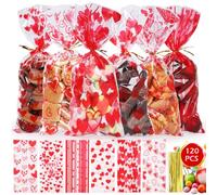 WD&CD 120Pcs Sachet Bonbon Saint Valentin, Sachets Imprimé Coeur en Plastique, Sacs à Biscuits avec 120 Liens Torsadés, Saint Valentin Bonbons Cadeau Sacs pour Fournitures de Fête
