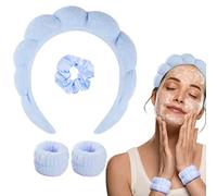 WD&CD Spa Bandeau de Cheveux pour Femme, Bandeau de Spa en Éponge avec 2 Bandes de Poignet et 1 Élastique pour Cheveux pour Laver le Visage, Soins de la Peau, Maquillage, Douche, Démaquillant - Bleu