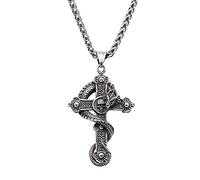 WDBAYXH Collier Pendentif Croix Crâne de Dragon Gothique Punk pour Hommes, Breloque de Prière Sculptée en Acier Inoxydable Vieil Argent avec Chaîne de 2 Pièces, Ouroboros Talisman Bijoux,50CM