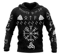 WDBAYXH Norse Odin Viking Boussole Valknut Rune 3D Mode Impression Pleine Fermeture Éclair Grandes Poches Pull à Capuche, Nordique Pirate Celtique Païen Cordon Extérieur Sweat,Pullover,XL