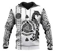 WDBAYXH Sweat à Capuche Corbeau et Dragon de Viking Odin pour Hommes, Norse Tattoo Runes 3D Print Full Zip Pull Big Pockets Casual Loose White Jacket, Celtic Pagan Unique Streetwear,Pullover,L