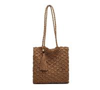 Wdbild Grand sac de plage élégant en paille pour femme, sac fourre-tout tissé à la main avec fermeture éclair, sac à bandoulière, kaki