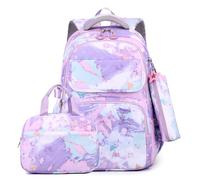 Wdbild Sac à dos d'école, élégant et en nylon avec sac à déjeuner et trousse à crayons pour filles, convient pour l'école, les voyages et une utilisation quotidienne, violet, Taille unique