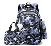 Wdbild Sac à dos d'école, sac à dos imprimé élégant avec sac à déjeuner et trousse à crayons, bandoulière réglable, convient pour les étudiants, Noir , Taille unique
