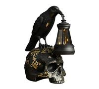 Wdbild SolArtDeco Statue solaire en résine Motif crâne de corbeau Éclairage automatique à LED et paysage Décoration d'Halloween Corbeau Lampe solaire d'extérieur Statue en résine
