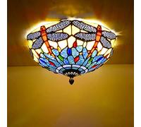 WDBZTJ Plafonnier Libellule, LED Lampe De Plafond À Abat-Jour En Vitrail Tiffany, Lustre Suspension De Style Rétro Moderne À Intensité Variable Pour Couloir De Chambre À Coucher,Bleu,30cm