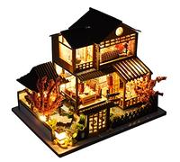 WDC Maison de poupée miniature en bois japonaise bord de mer, modèle 3D à faire soi-même, cadeau créatif pour amis et parents (villa de style japonais), 9,8 x 12,6 x 9,5 cm