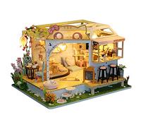 WDC - Maison de poupée miniature en bois pour chat - Accessoires de construction avec éclairage LED - Boîte à musique - Cadeau d'anniversaire ou de Noël (housse anti-poussière incluse)