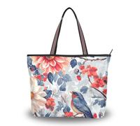 WDdZzyy Fleurs d'automne Dahlia Cherry Blossom Bird Tissu de soie à fermeture éclair Sacs à main à la mode à la mode et sacs à main, Fleurs Automne Dahlia Cerisier Fleur Oiseau, Large