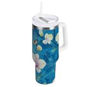 WDdZzyy Gobelet isotherme réutilisable avec couvercle et paille pour enfants, motif floral et orchidée de dessin animé, avec poignée pour l'école, le sport, la garderie, le camping et plus encore