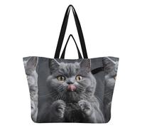 WDdZzyy Sacs fourre-tout en toile pliables pour la cuisine, les courses, les courses, l'hôpital, le shopping, la plage, les voyages - Chat anglais à poil court gris