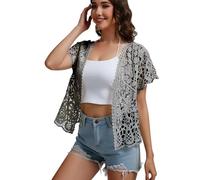 WDFUZHAO Boléro cardigan court en dentelle crochet transparent à manches courtes pour femme veste courte, gris, XL