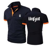 WDGYZZXJ Polos Confortables pour Hommes pour Unkut Vêtements De Sport À Séchage Rapide Coutures Imprimées Boutons À Demi-Manches Doux À Manches Courtes Col-Navy Blue+Orange||L