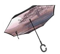 Wdkwkl Parapluie pliable inversé Motif couple d'amour sur l'horizon avec pleine lune et arbre majestueux sur le lac avec poignée en forme de C, mauve 107 x 80 cm