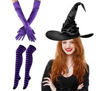 WDKXCN 3 Pezzi Deguisement Halloween Femme Sorciere, Chapeau De Sorciere Femme Con Calzini Alti Guanti Da Strega, Accessoire SorciereFemme per Halloween, Feste in Maschera Cosplay