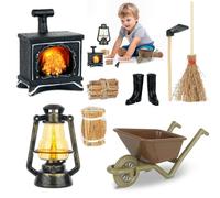 WDKXCN Ensemble doutils de Jardin Miniatures pour Maison de poupée, cheminée Lumineuse, Lampe à pétrole, Botte de Foin, houe, Bottes en Caoutchouc, Chariot, Balai, Bois de Chauffage