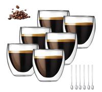 WDKXCN Tasse Expresso Double Paroi, Lot de 6 Verres à Latte Macchiato avec 6 Cuillères, 80ml Tasse a Cafe Double Paroi, Tasse Cappuccino, Mug Transparent pour Cappuccino, Latte, Thé & Jus