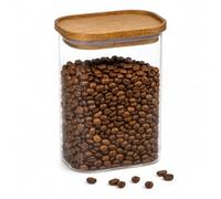 WDMT Bocal de conservation rectangulaire en verre avec couvercle en bois - Bocal de conservation pour sucre, café, thé, noix et bonbons - Transparent/marron (1,3 l)